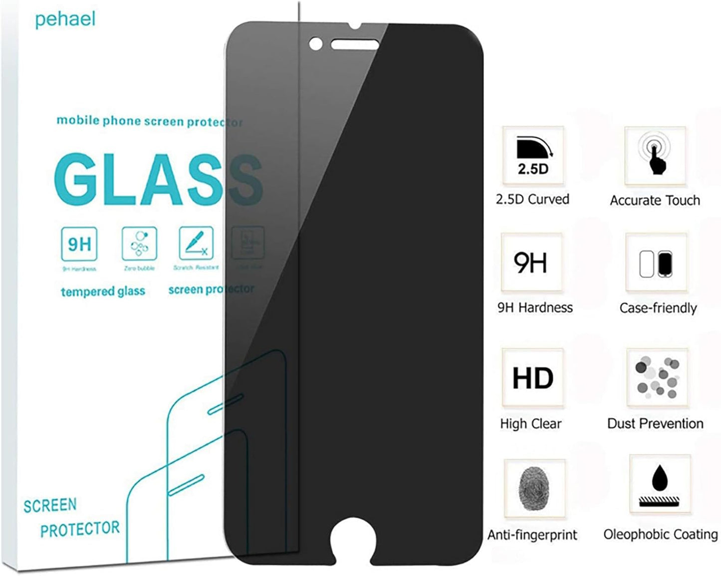 Pehael Screen Protector for Apple iPhone SE 2020 2nd Generation, iPhone 8, iPhone 7 (4.7-inch) Anty- Spy Tempered Glass Film, Easy Install, Case Friendly (2 Packs)