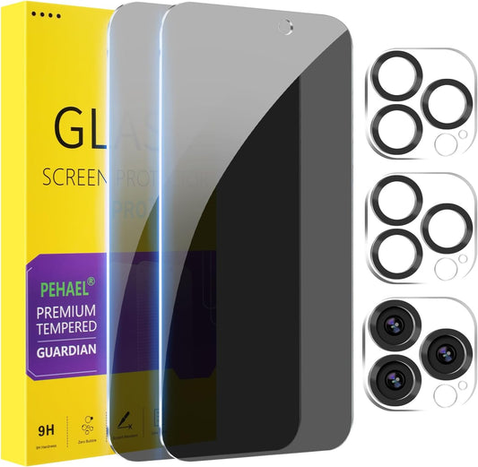 PEHAEL 2+2 Pack for iPhone 15 Pro Max Privacy Screen Protector with Camera Lens Protector Full Coverage Anti-Spy Tempered Glass Film 9H Hardness Easy Installation Bubble Free [6.7 inch]