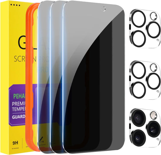 PEHAEL 3+3 Pack for iPhone 16 Pro Max Privacy Screen Protector with Camera Lens Protector Full Coverage Anti-Spy Tempered Glass Film 9H Hardness Easy Installation Bubble Free [6.9 inch]