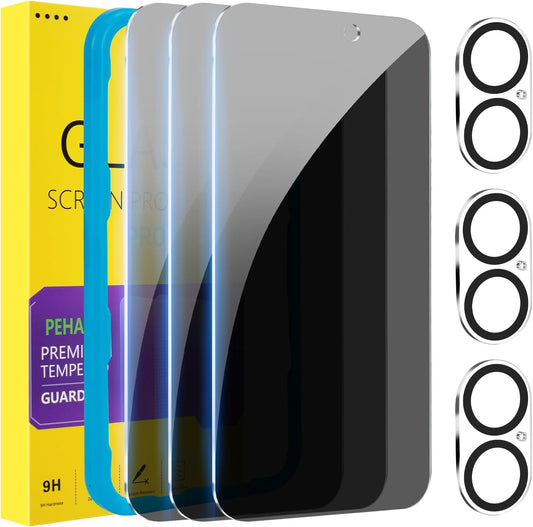 PEHAEL 3+3 Pack for iPhone 16 Plus Privacy Screen Protector with Camera Lens Protector Full Coverage Anti-Spy Tempered Glass Film 9H Hardness Easy Installation Bubble Free [6.7 inch]