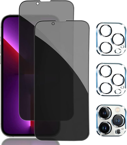 PEHAEL 2+2Pack for iPhone 13 Pro Max Privacy Screen Protector with Camera Lens Protector Full Coverage Anti-Spy Tempered Glass Film 9H Hardness Easy Installation Bubble Free [6.7 inch]