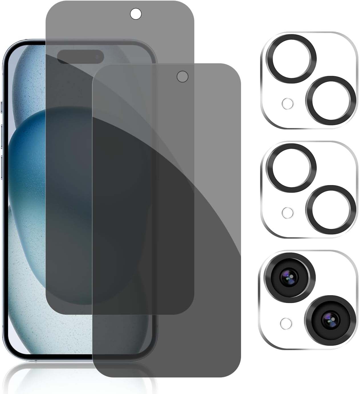 PEHAEL 2+2Pack for iPhone 15 Privacy Screen Protector with Camera Lens Protector Full Coverage Anti-Spy Tempered Glass Film 9H Hardness Easy Installation Bubble Free [6.1 inch]