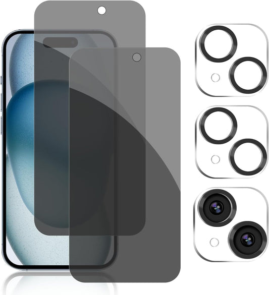 PEHAEL 2+2Pack for iPhone 15 Privacy Screen Protector with Camera Lens Protector Full Coverage Anti-Spy Tempered Glass Film 9H Hardness Easy Installation Bubble Free [6.1 inch]