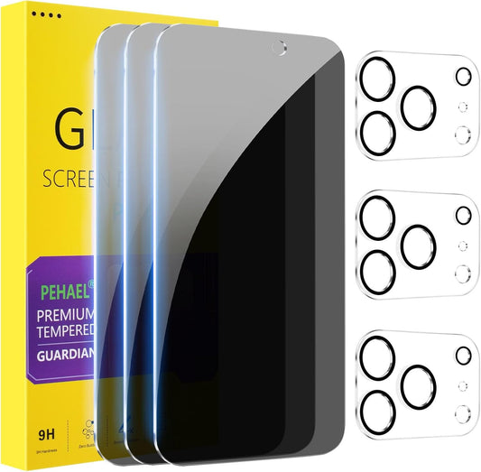 PEHAEL 3+3Pack for iPhone 17 Pro Max Privacy Screen Protector with Camera Lens Protector Full Coverage Anti-Spy Tempered Glass Film 9H Hardness Upgrade Edge Protection Easy Installation Bubble Free [6.9 inch]