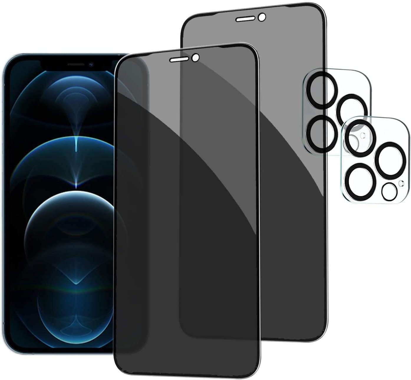 PEHAEL 2+2Pack for iPhone 12 Pro Max Privacy Screen Protector with Camera Lens Protector Full Coverage Anti-Spy Tempered Glass Film 9H Hardness Bubble Free [6.7 inch]