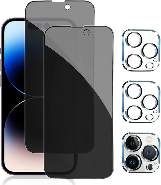 PEHAEL 2+2Pack for iPhone 14 Pro Privacy Screen Protector with Camera Lens Protector Full Coverage Anti-Spy Tempered Glass Film 9H Hardness Easy Installation Bubble Free [6.1 inch]