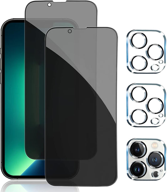 PEHAEL 2+2Pack for iPhone 13 Pro Privacy Screen Protector with Camera Lens Protector Full Coverage AntiSpy Tempered Glass Film 9H Hardness Easy Installation Bubble Free [6.1 inch]