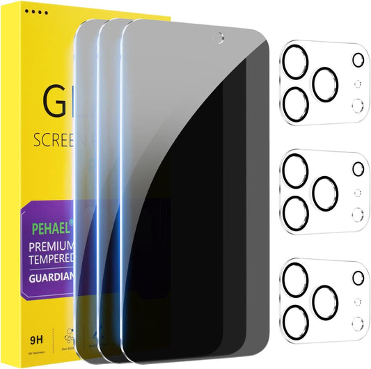 PEHAEL 3+3Pack for iPhone 17 Pro Privacy Screen Protector with Camera Lens Protector Full Coverage Anti-Spy Tempered Glass Film 9H Hardness Upgrade Edge Protection Easy Installation Bubble Free [6.3 inch]