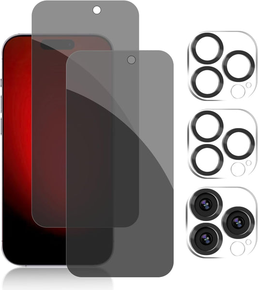PEHAEL 2+2Pack for iPhone 15 Pro Max Privacy Screen Protector with Camera Lens Protector Full Coverage Anti-Spy Tempered Glass Film 9H Hardness Easy Installation Bubble Free [6.7 inch]