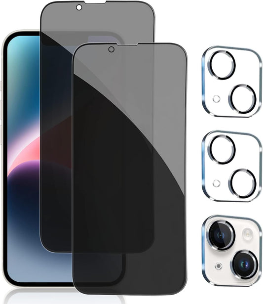PEHAEL 2+2Pack for iPhone 14 Plus Privacy Screen Protector with Camera Lens Protector Full Coverage Anti-Spy Tempered Glass Film 9H Hardness Easy Installation Bubble Free [6.7 inch]