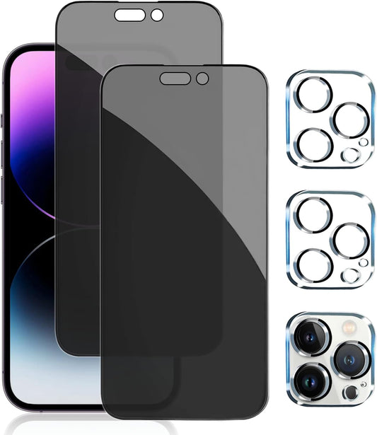 PEHAEL 2+2Pack for iPhone 14 Pro Max Privacy Screen Protector with Camera Lens Protector Full Coverage Anti-Spy Tempered Glass Film 9H Hardness Easy Installation Bubble Free [6.7 inch]
