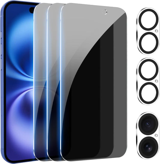 PEHAEL 3+3Pack for iPhone 16 Plus Privacy Screen Protector with Camera Lens Protector Full Coverage Anti-Spy Tempered Glass Film 9H Hardness Easy Installation Bubble Free [6.7 inch]