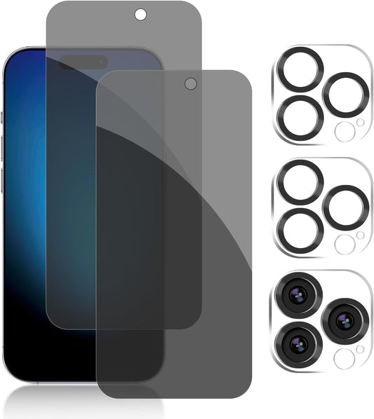 PEHAEL 2+2Pack for iPhone 15 Pro Privacy Screen Protector with Camera Lens Protector Full Coverage Anti-Spy Tempered Glass Film 9H Hardness Easy Installation Bubble Free [6.1 inch]