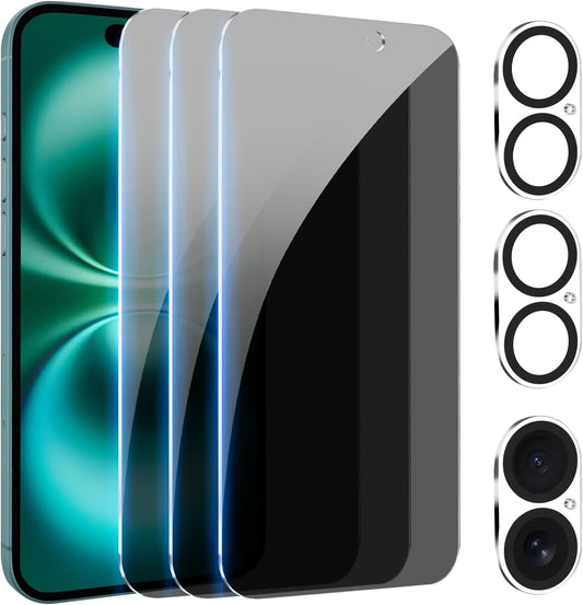 PEHAEL 3+3Pack for iPhone 16 Privacy Screen Protector with Camera Lens Protector Full Coverage Anti-Spy Tempered Glass Film 9H Hardness Easy Installation Bubble Free [6.1 inch]