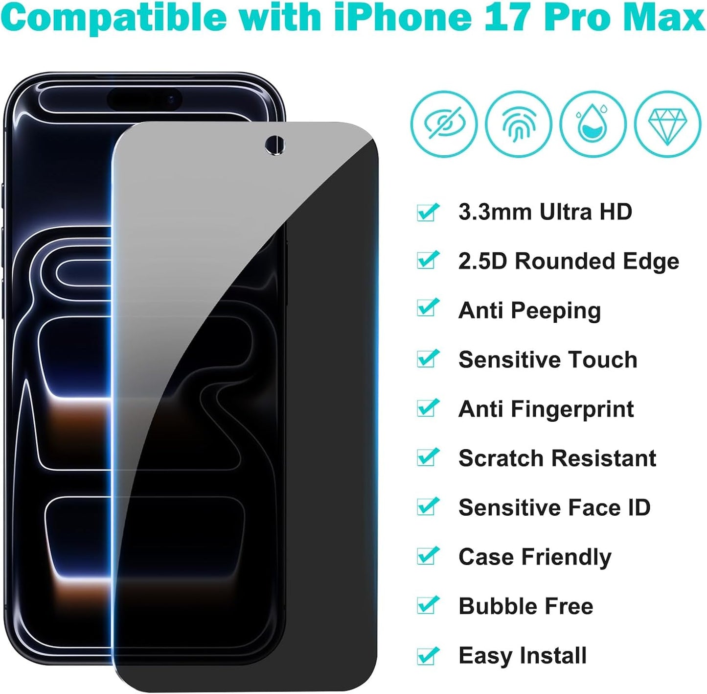 PEHAEL 3+3 Pack for iPhone 17 Pro Max Privacy Screen Protector with Camera Lens Protector Full Coverage Anti-Spy Tempered Glass Film 9H Hardness Easy Installation Bubble Free [6.9 inch]