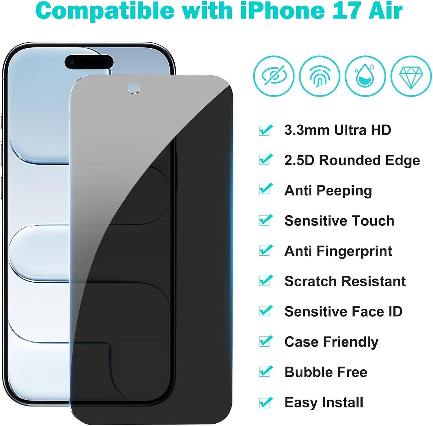 PEHAEL 3+3 Pack for iPhone Air/17 Air Privacy Screen Protector with Camera Lens Protector Full Coverage Anti-Spy Tempered Glass Film 9H Hardness Easy Installation Bubble Free [6.5 inch]