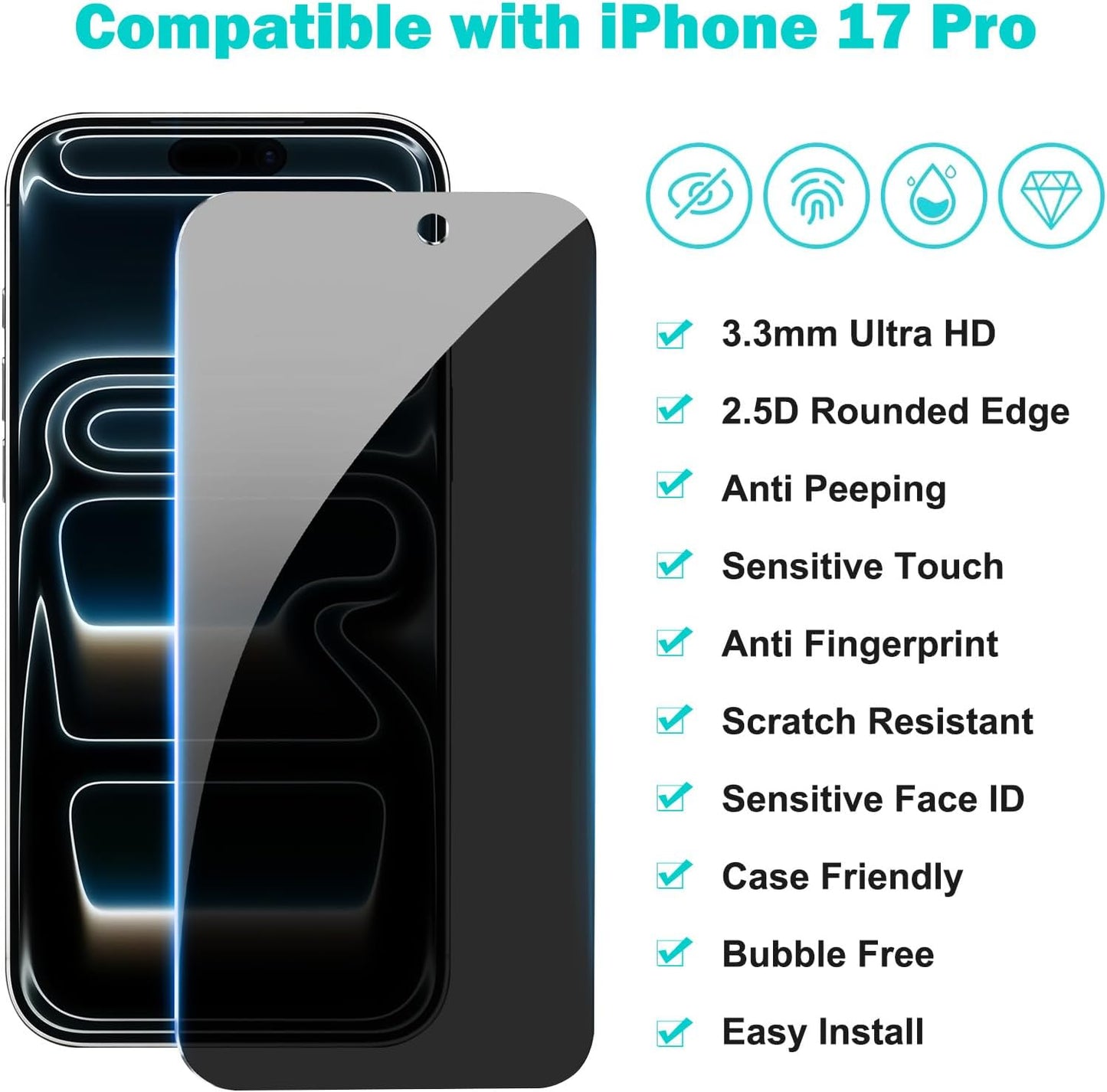 PEHAEL 3+3 Pack for iPhone 17 Pro Privacy Screen Protector with Camera Lens Protector Full Coverage Anti-Spy Tempered Glass Film 9H Hardness Easy Installation Bubble Free [6.3 inch]
