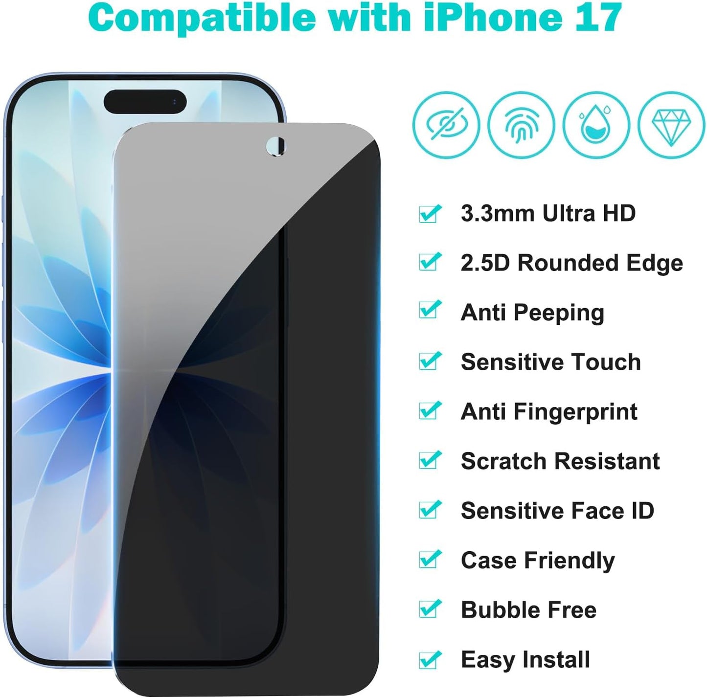 PEHAEL 3+3 Pack for iPhone 17 Privacy Screen Protector with Camera Lens Protector Full Coverage Anti-Spy Tempered Glass Film 9H Hardness Easy Installation Bubble Free [6.3 inch]