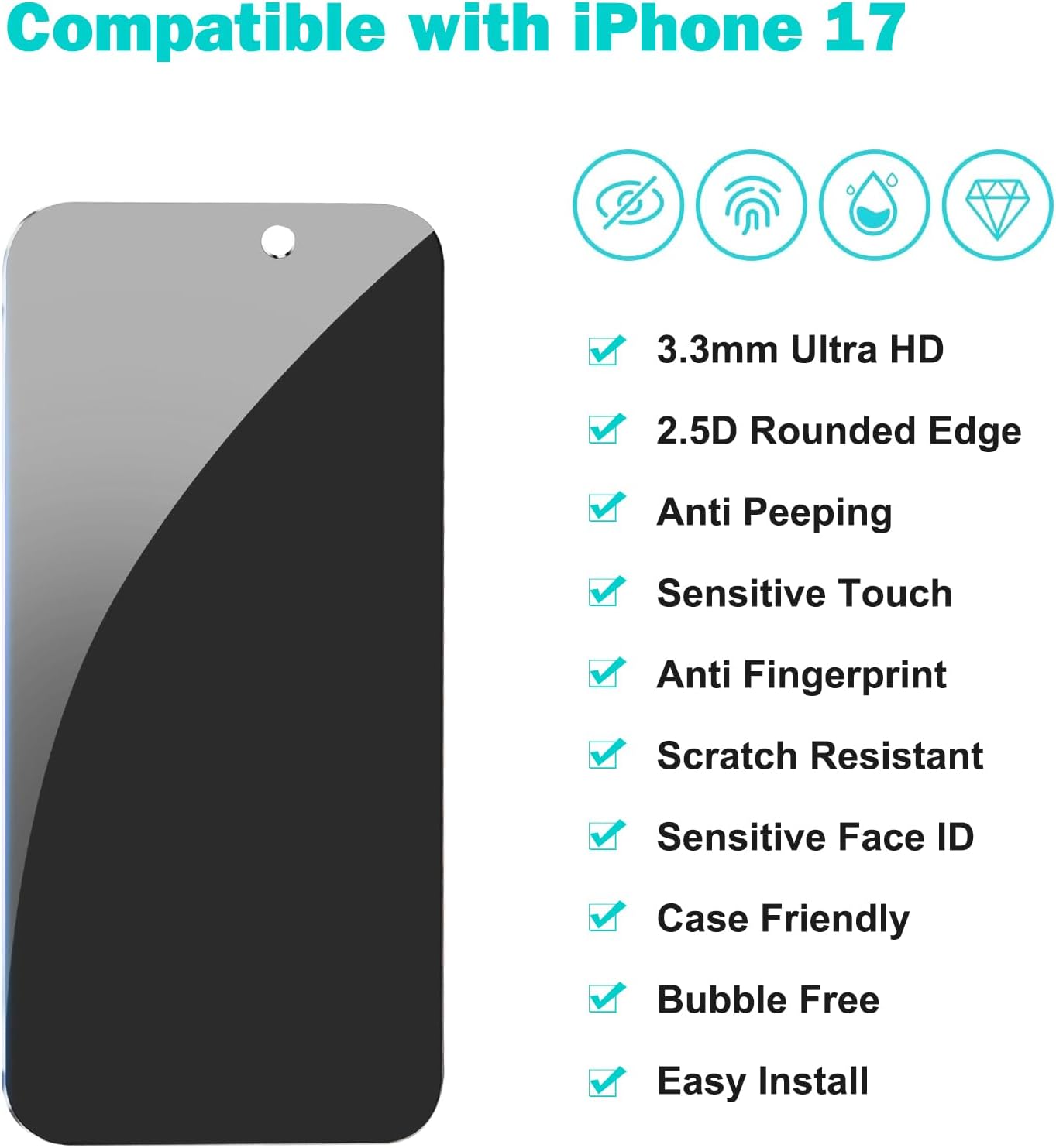 PEHAEL 3+3Pack for iPhone 17 Privacy Screen Protector with Camera Lens Protector Full Coverage Anti-Spy Tempered Glass Film 9H Hardness Upgrade Edge Protection Easy Installation Bubble Free [6.3 inch]