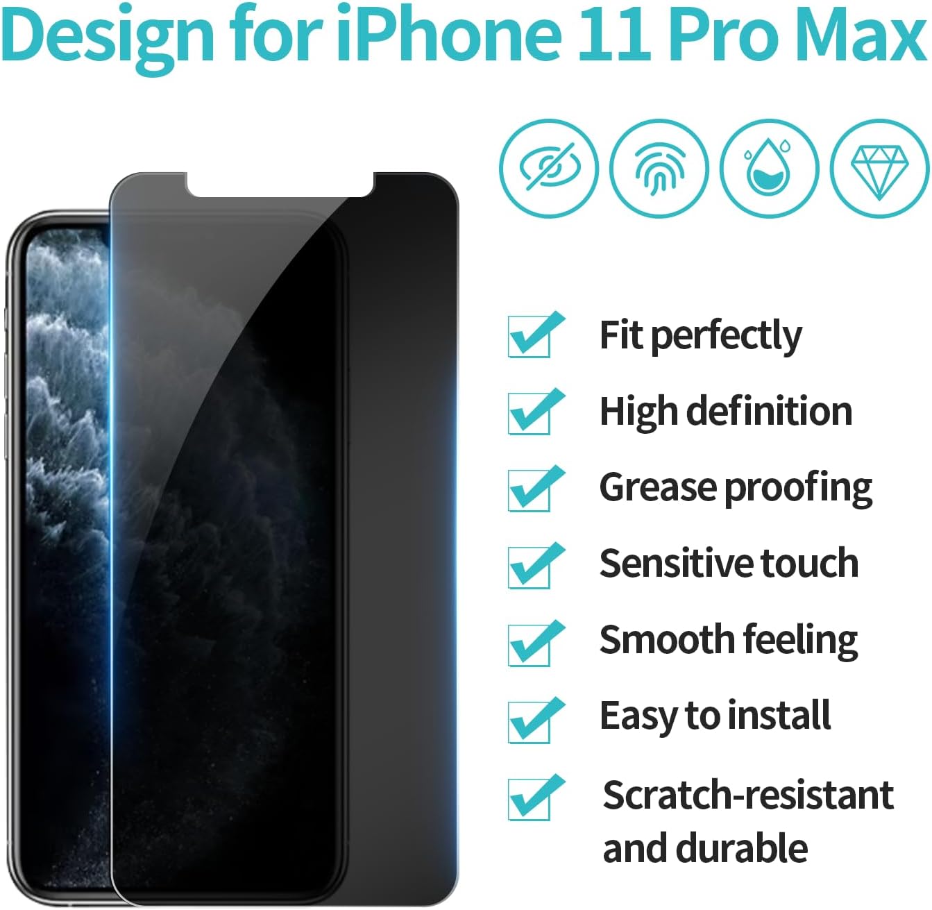 PEHAEL 2Pack for iPhone 11 Pro Max/iPhone Xs Max Privacy Screen Protector Anti-Spy Tempered Glass Film 9H Hardness Easy Installation Bubble Free [6.5 inch]