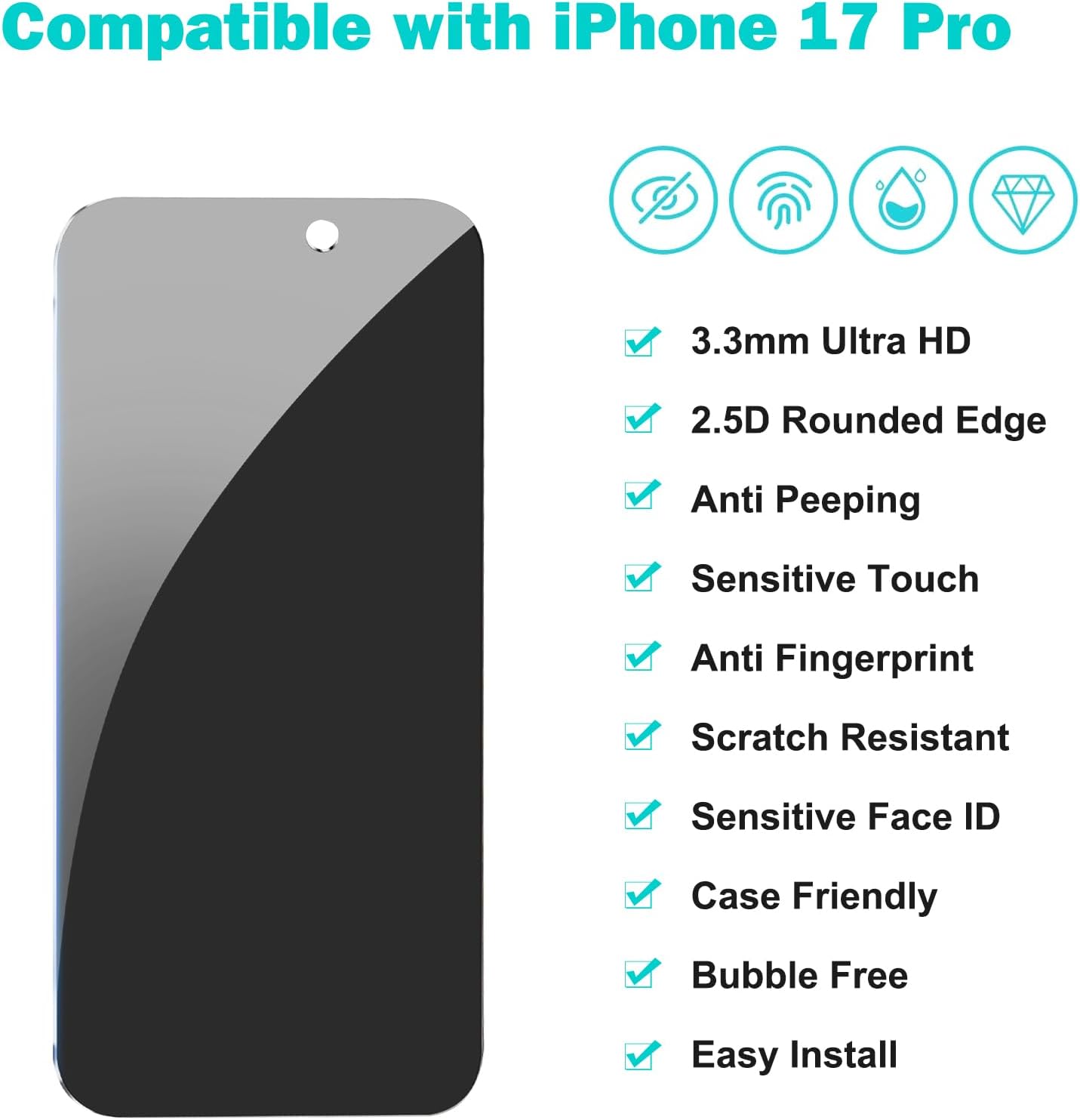 PEHAEL 3+3Pack for iPhone 17 Pro Privacy Screen Protector with Camera Lens Protector Full Coverage Anti-Spy Tempered Glass Film 9H Hardness Upgrade Edge Protection Easy Installation Bubble Free [6.3 inch]