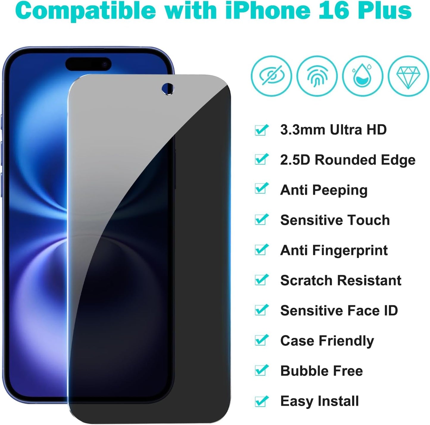 PEHAEL 3+3Pack for iPhone 16 Plus Privacy Screen Protector with Camera Lens Protector Full Coverage Anti-Spy Tempered Glass Film 9H Hardness Easy Installation Bubble Free [6.7 inch]
