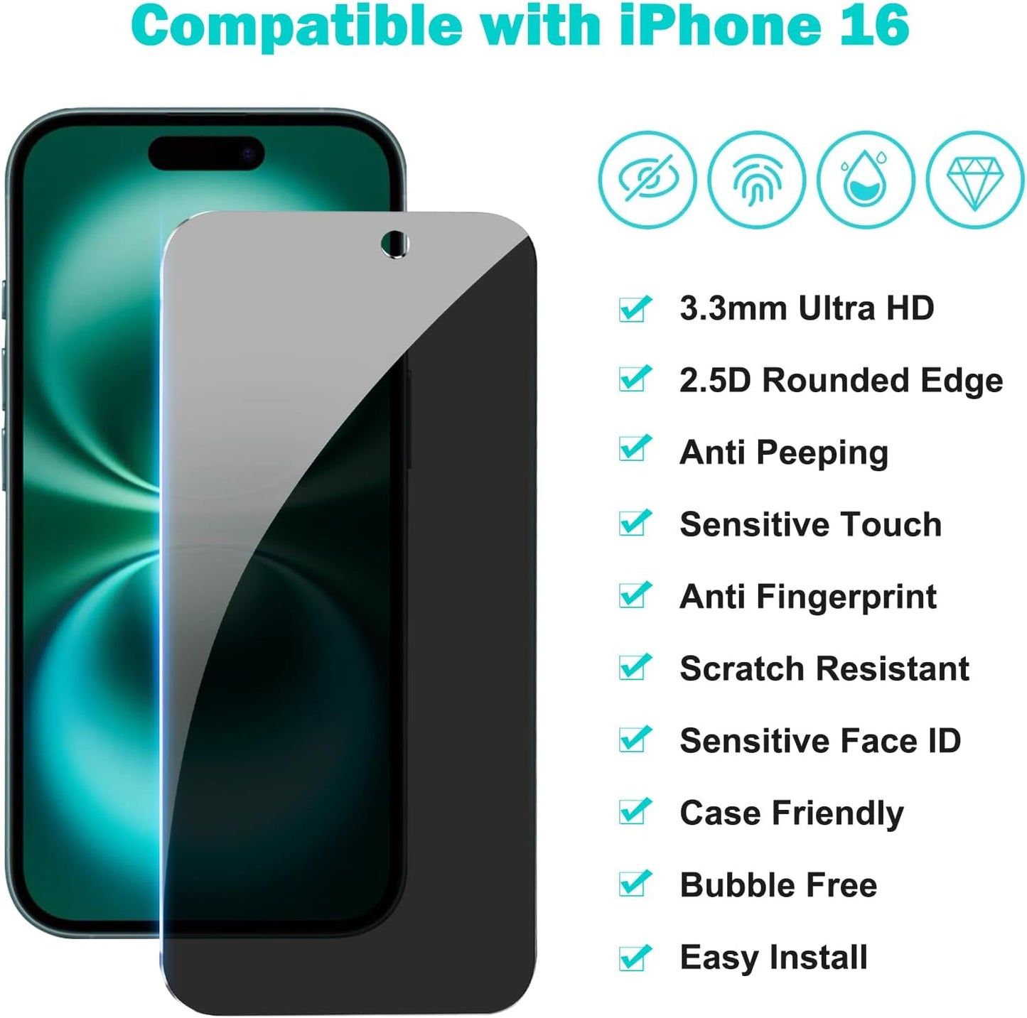 PEHAEL 3+3Pack for iPhone 16 Privacy Screen Protector with Camera Lens Protector Full Coverage Anti-Spy Tempered Glass Film 9H Hardness Easy Installation Bubble Free [6.1 inch]