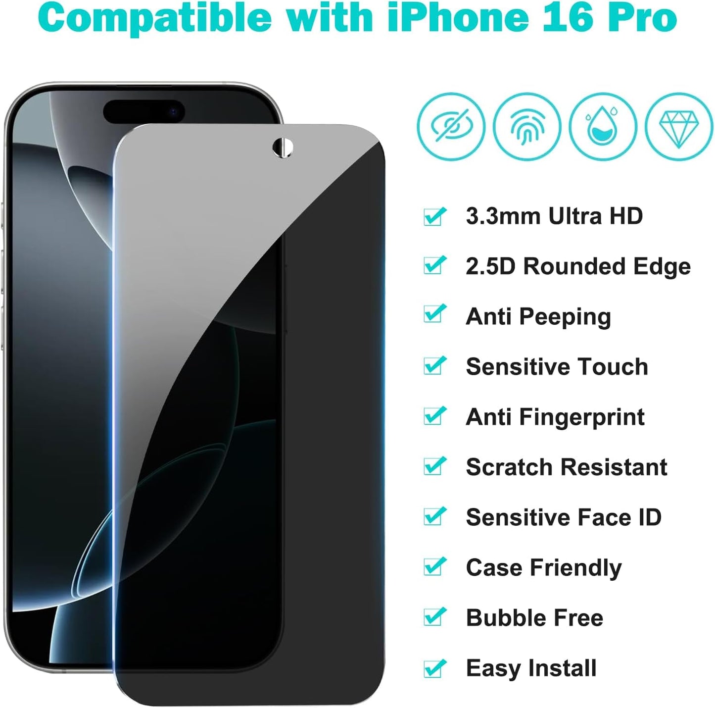 PEHAEL 3+3Pack for iPhone 16 Pro Privacy Screen Protector with Camera Lens Protector Full Coverage Anti-Spy Tempered Glass Film 9H Hardness Easy Installation Bubble Free [6.3 inch]