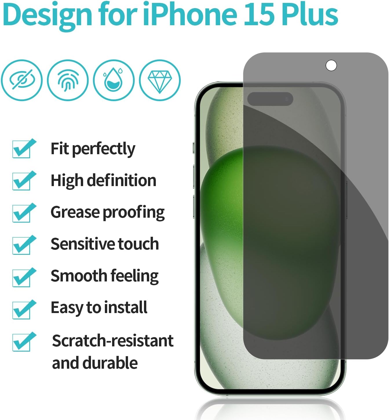 PEHAEL 2+2Pack for iPhone 15 Plus Privacy Screen Protector with Camera Lens Protector Full Coverage Anti-Spy Tempered Glass Film 9H Hardness Easy Installation Bubble Free [6.7 inch]
