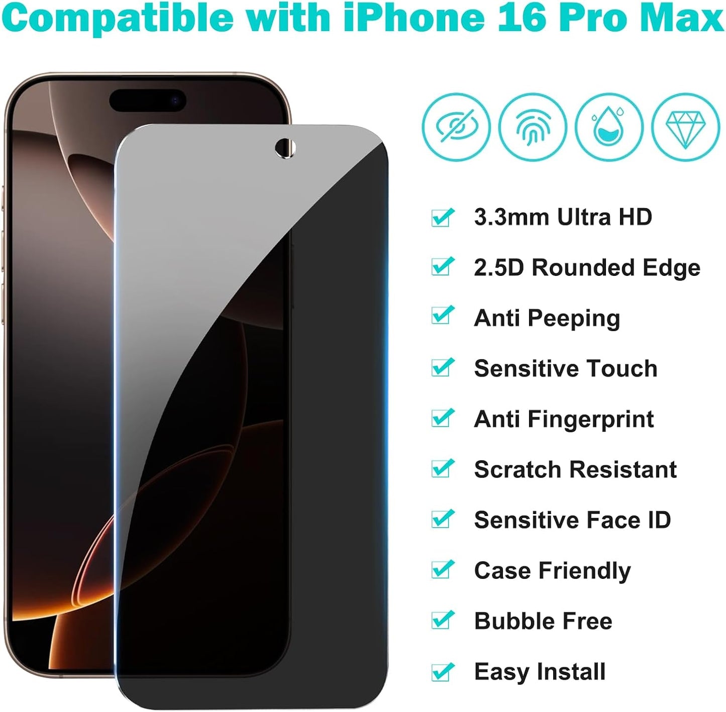 PEHAEL 3+3Pack for iPhone 16 Pro Max Privacy Screen Protector with Camera Lens Protector Full Coverage Anti-Spy Tempered Glass Film 9H Hardness Easy Installation Bubble Free [6.9 inch]