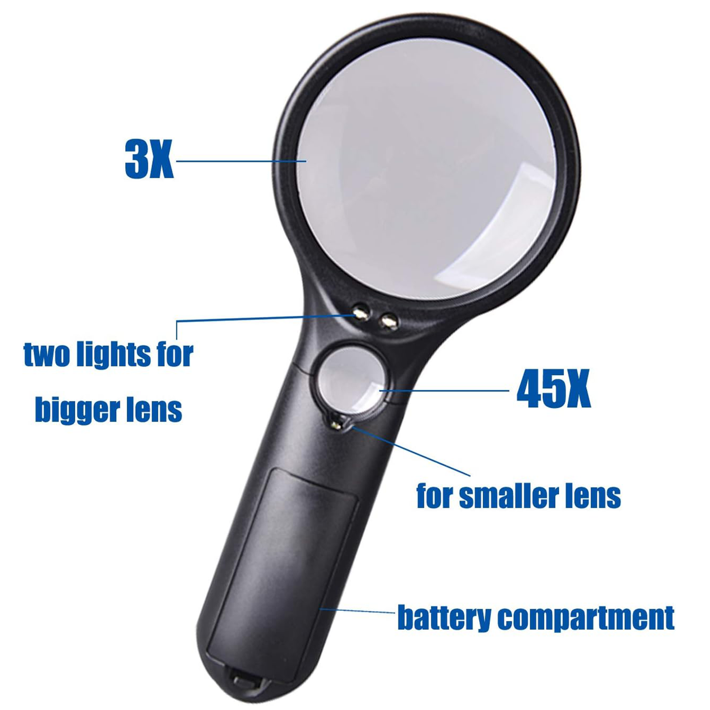 PEHAEL Magnifying Glass Hand-held Magnifier Glass with 3LED Light 3x 45x for Reading,Medicine,Coin,Stamp,Home and Office【Black】