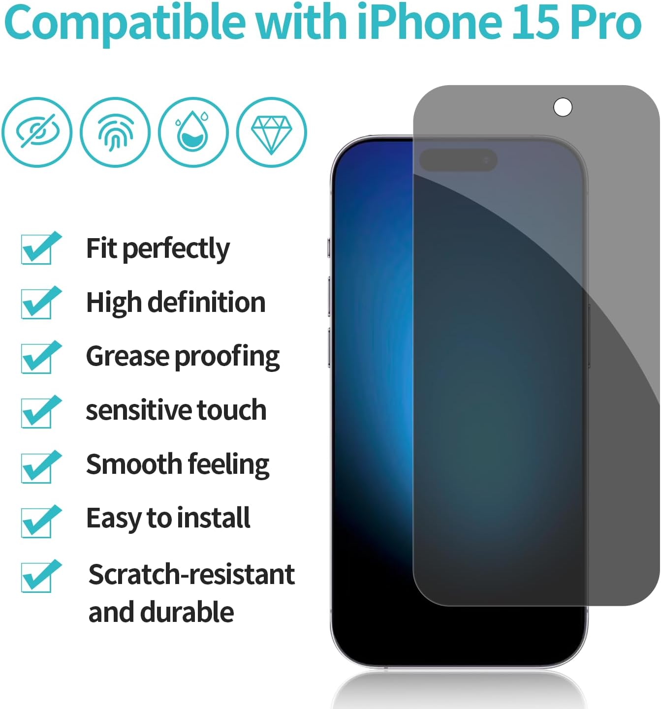 PEHAEL 2+2Pack for iPhone 15 Pro Privacy Screen Protector with Camera Lens Protector Full Coverage Anti-Spy Tempered Glass Film 9H Hardness Easy Installation Bubble Free [6.1 inch]
