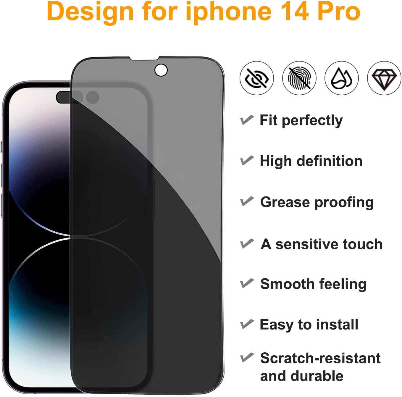PEHAEL 2+2Pack for iPhone 14 Pro Privacy Screen Protector with Camera Lens Protector Full Coverage Anti-Spy Tempered Glass Film 9H Hardness Easy Installation Bubble Free [6.1 inch]