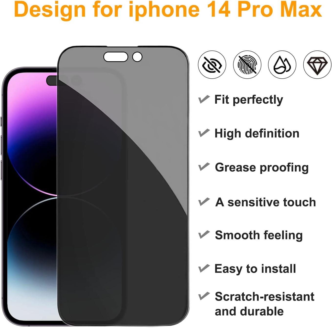 PEHAEL 2+2Pack for iPhone 14 Pro Max Privacy Screen Protector with Camera Lens Protector Full Coverage Anti-Spy Tempered Glass Film 9H Hardness Easy Installation Bubble Free [6.7 inch]