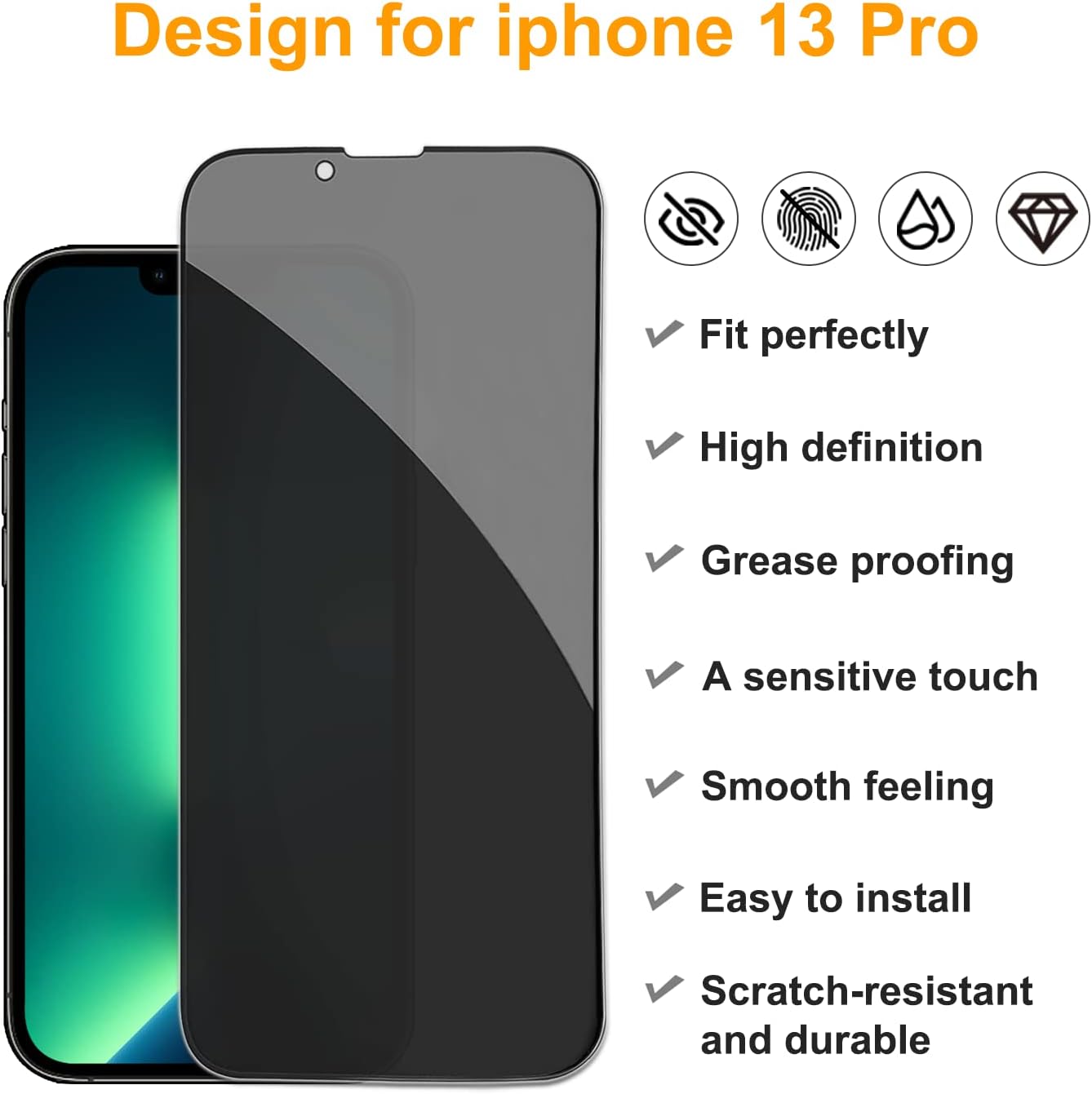 PEHAEL 2+2Pack for iPhone 13 Pro Privacy Screen Protector with Camera Lens Protector Full Coverage AntiSpy Tempered Glass Film 9H Hardness Easy Installation Bubble Free [6.1 inch]