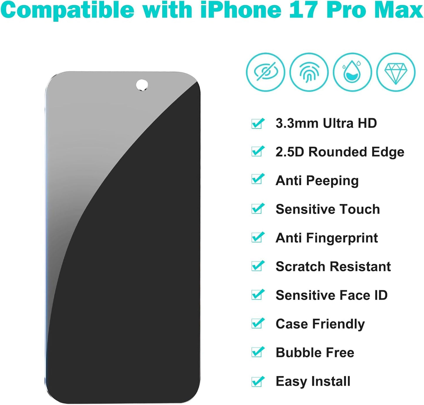 PEHAEL 3+3Pack for iPhone 17 Pro Max Privacy Screen Protector with Camera Lens Protector Full Coverage Anti-Spy Tempered Glass Film 9H Hardness Upgrade Edge Protection Easy Installation Bubble Free [6.9 inch]
