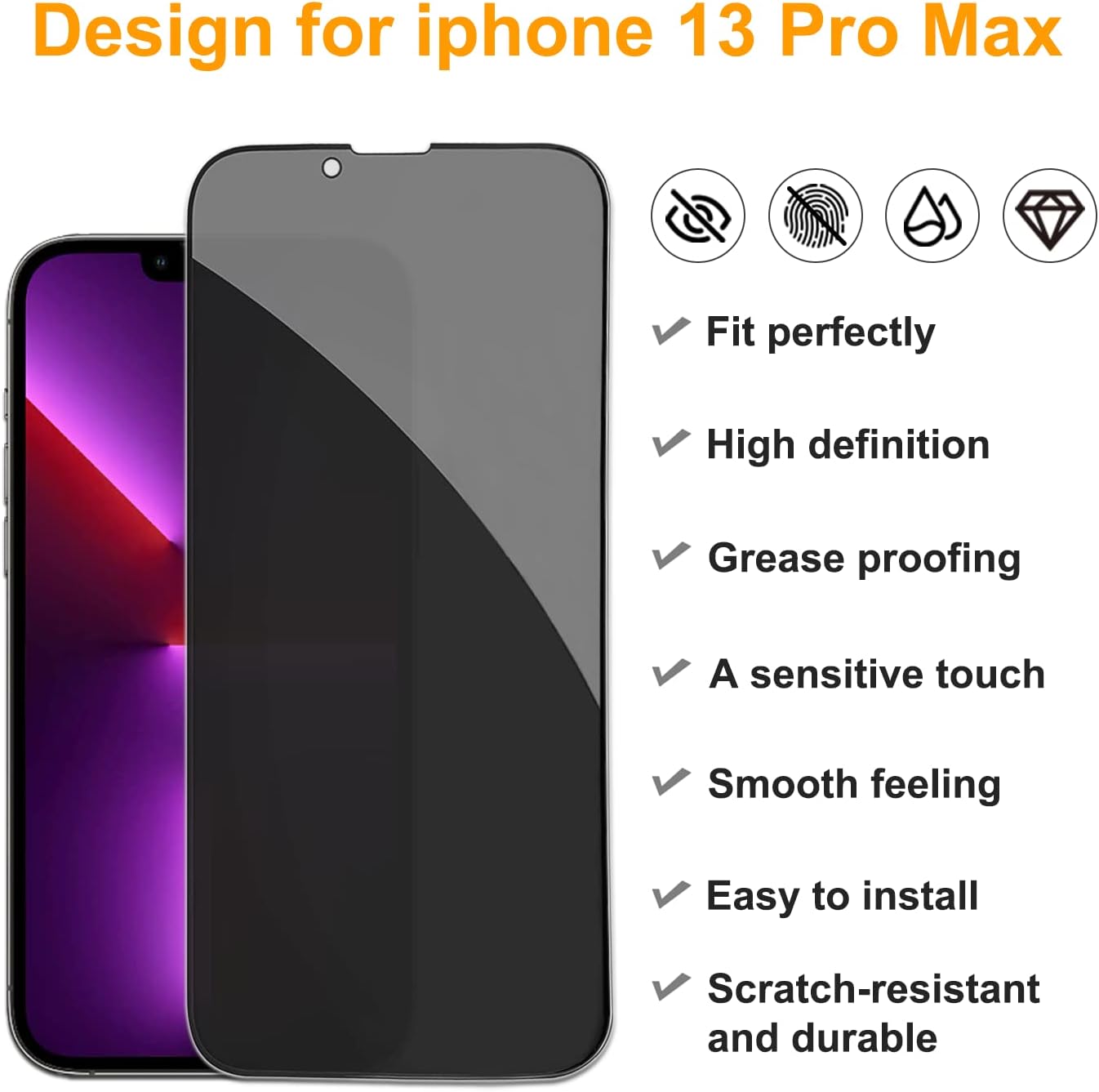 PEHAEL 2+2Pack for iPhone 13 Pro Max Privacy Screen Protector with Camera Lens Protector Full Coverage Anti-Spy Tempered Glass Film 9H Hardness Easy Installation Bubble Free [6.7 inch]