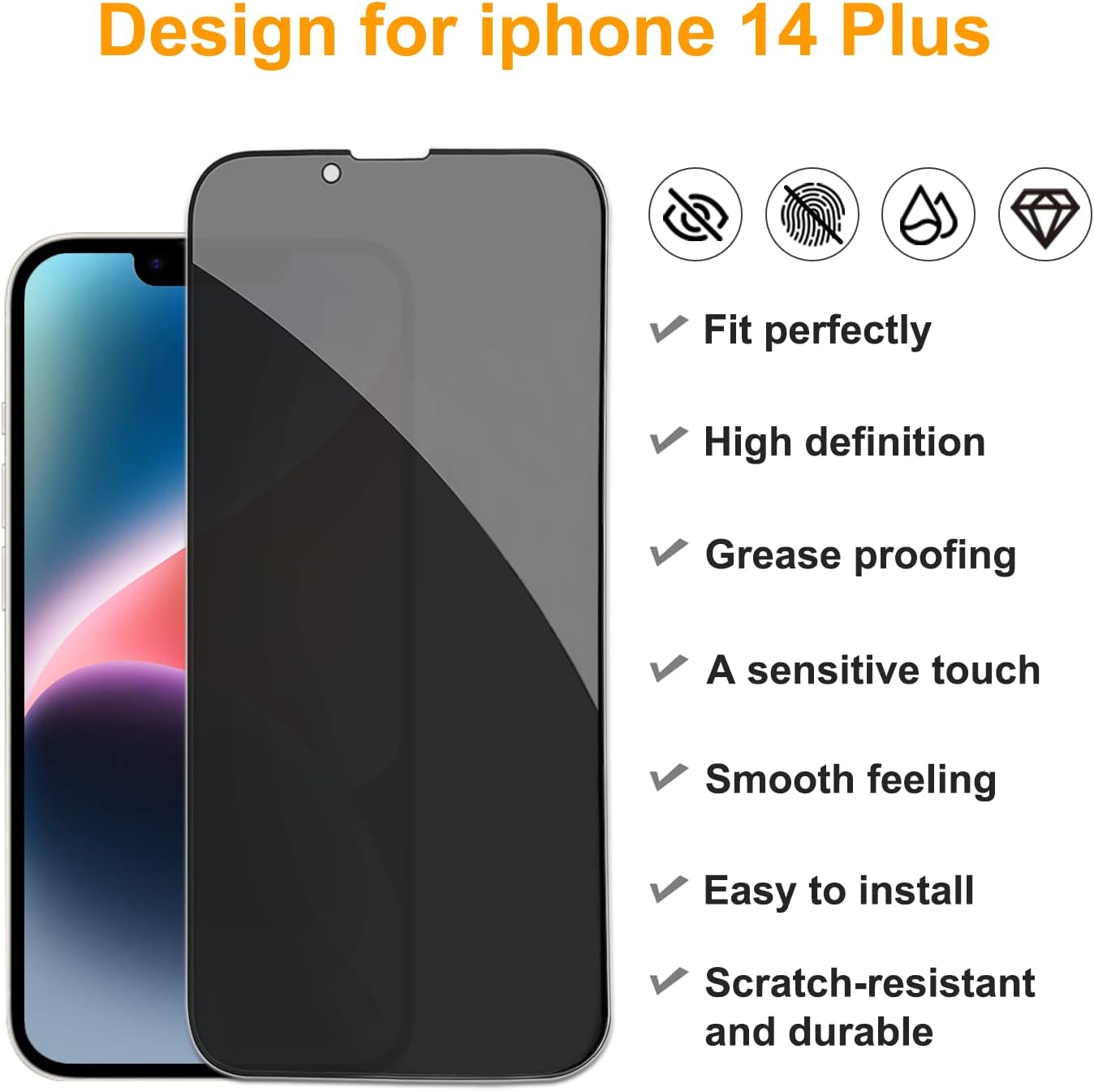 PEHAEL 2+2Pack for iPhone 14 Plus Privacy Screen Protector with Camera Lens Protector Full Coverage Anti-Spy Tempered Glass Film 9H Hardness Easy Installation Bubble Free [6.7 inch]