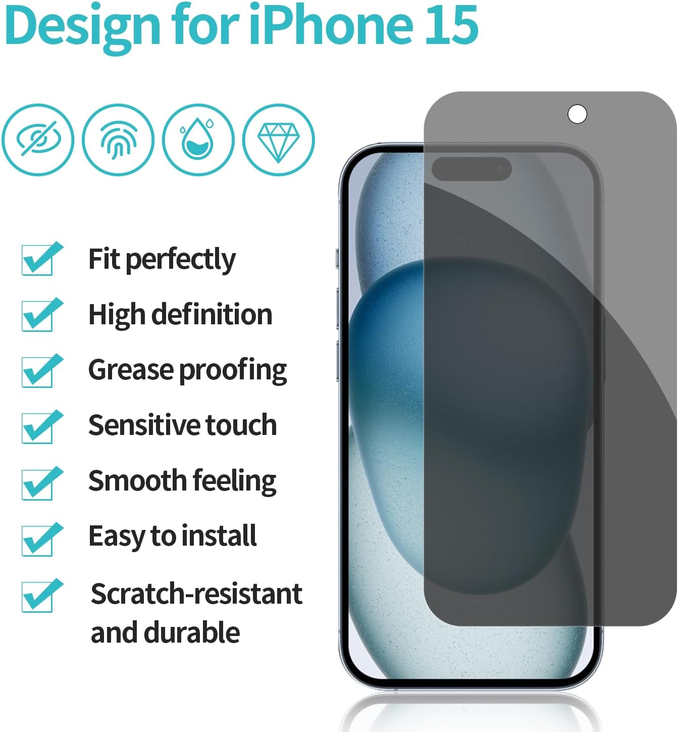 PEHAEL 2+2Pack for iPhone 15 Privacy Screen Protector with Camera Lens Protector Full Coverage Anti-Spy Tempered Glass Film 9H Hardness Easy Installation Bubble Free [6.1 inch]