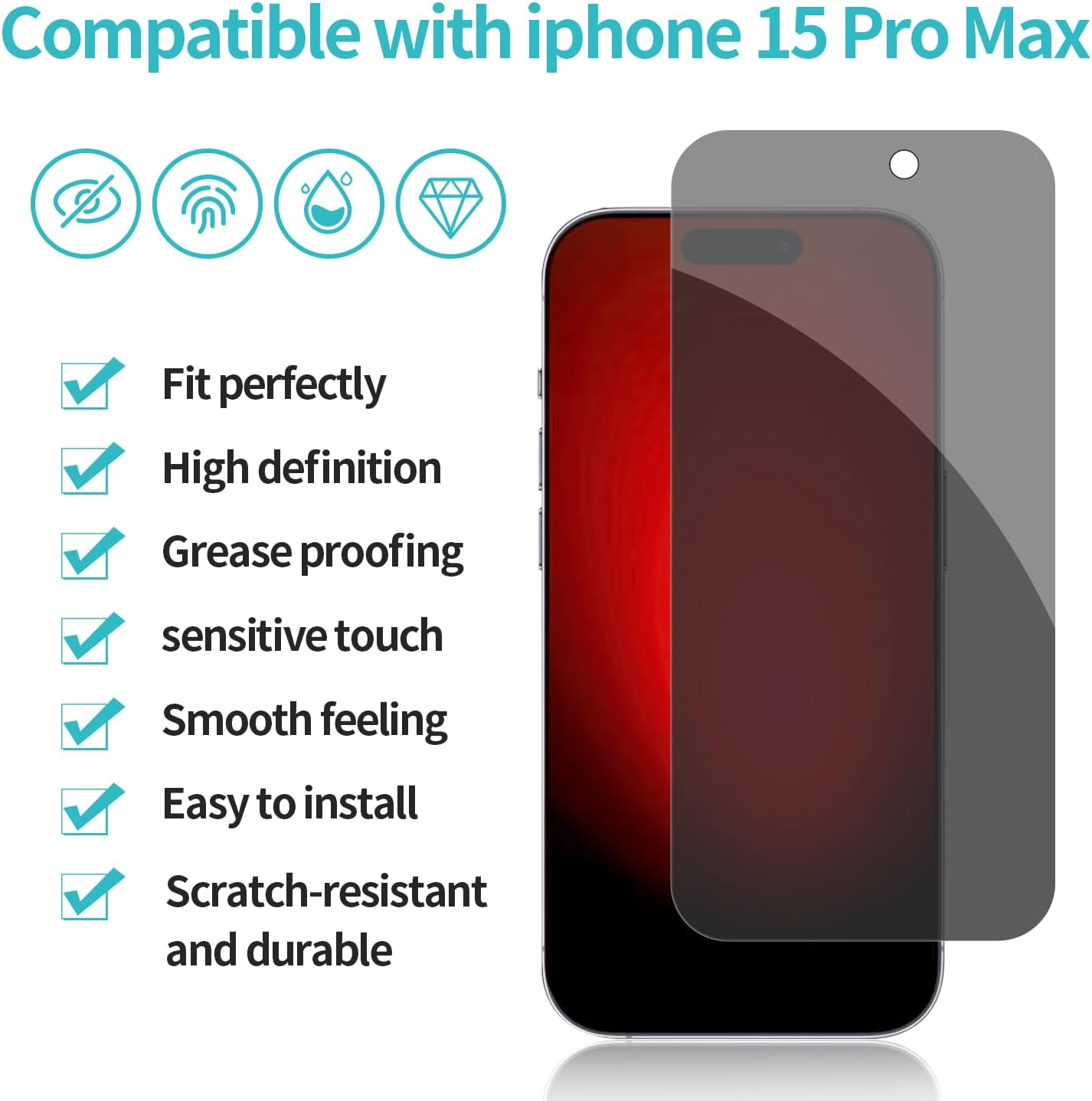 PEHAEL 2+2Pack for iPhone 15 Pro Max Privacy Screen Protector with Camera Lens Protector Full Coverage Anti-Spy Tempered Glass Film 9H Hardness Easy Installation Bubble Free [6.7 inch]