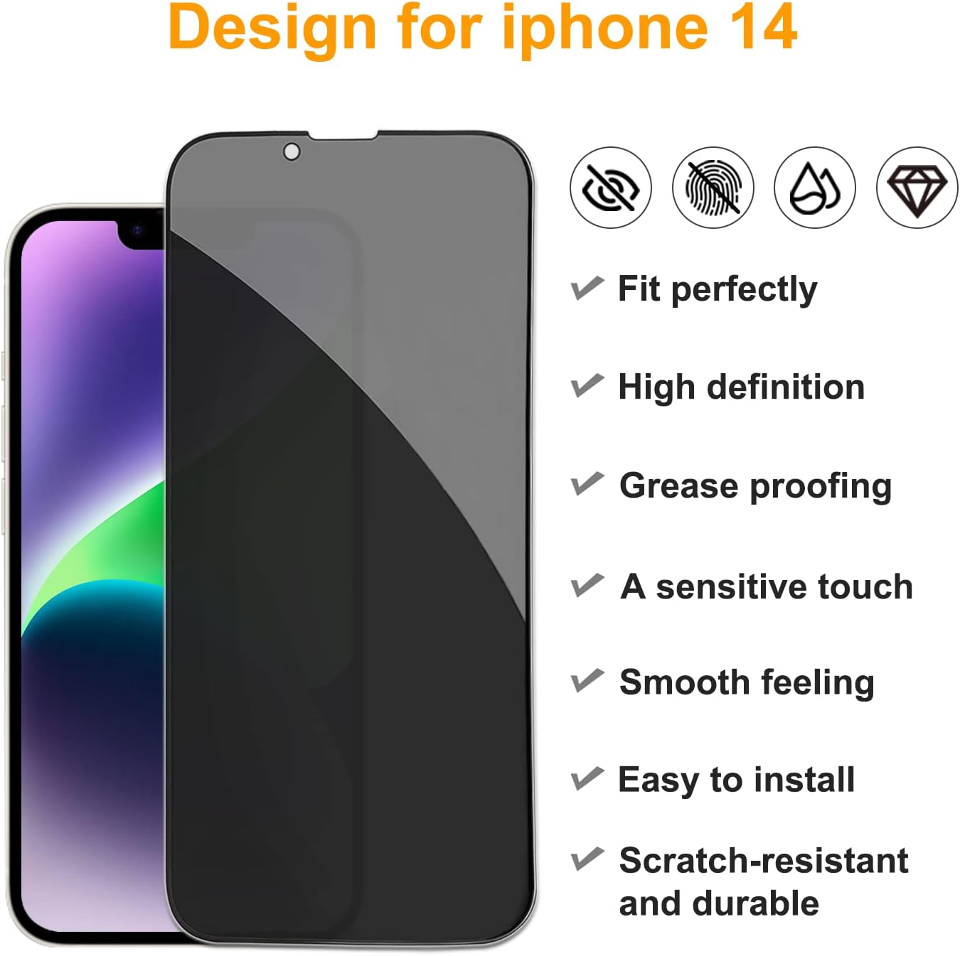 PEHAEL 2+2Pack for iPhone 14 Privacy Screen Protector with Camera Lens Protector Full Coverage Anti-Spy Tempered Glass Film 9H Hardness Easy Installation Bubble Free [6.1 inch]