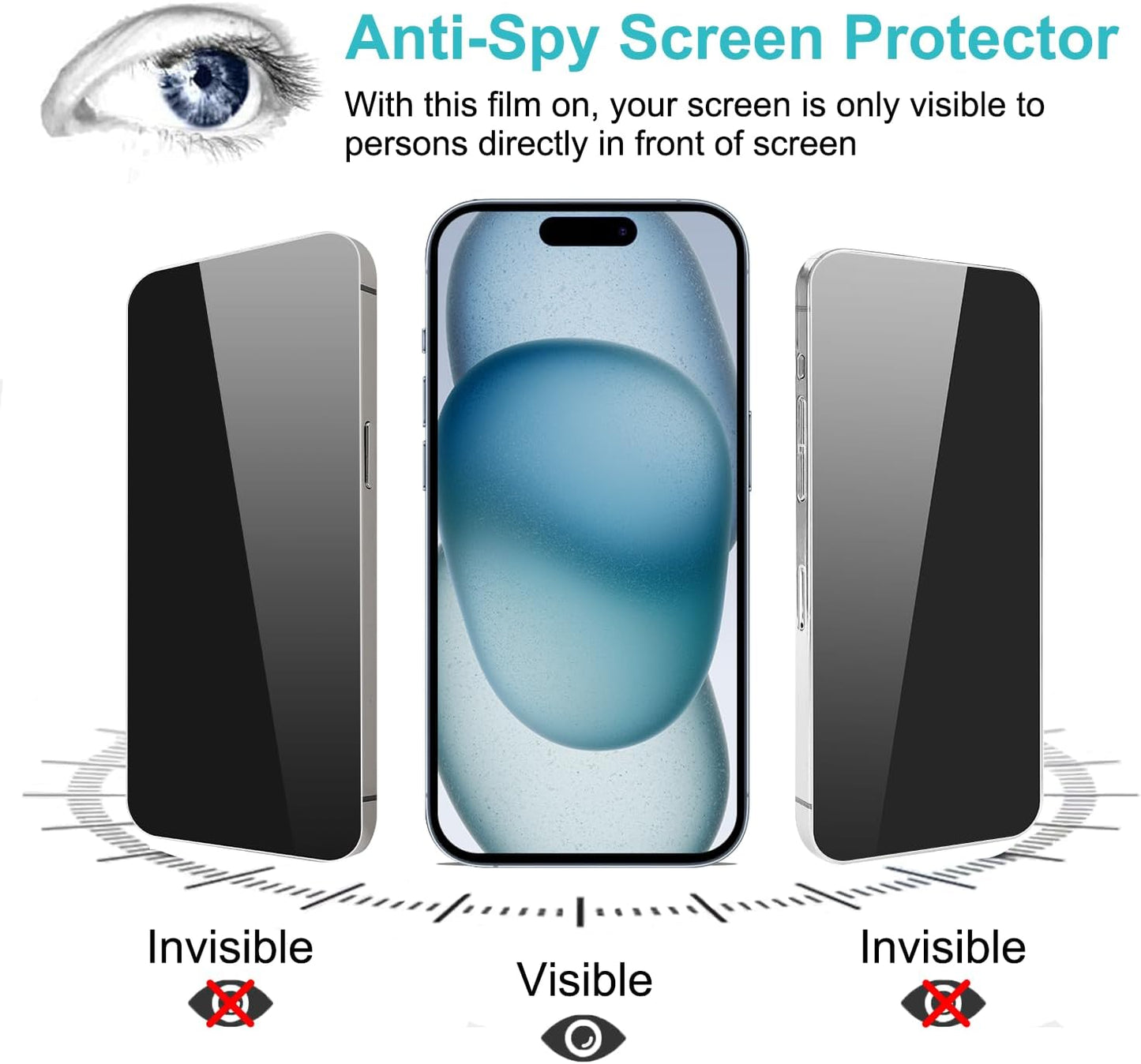 PEHAEL 2+2Pack for iPhone 15 Privacy Screen Protector with Camera Lens Protector Full Coverage Anti-Spy Tempered Glass Film 9H Hardness Easy Installation Bubble Free [6.1 inch]