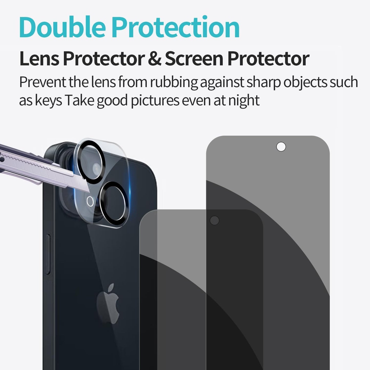 PEHAEL 2+2Pack for iPhone 15 Plus Privacy Screen Protector with Camera Lens Protector Full Coverage Anti-Spy Tempered Glass Film 9H Hardness Easy Installation Bubble Free [6.7 inch]