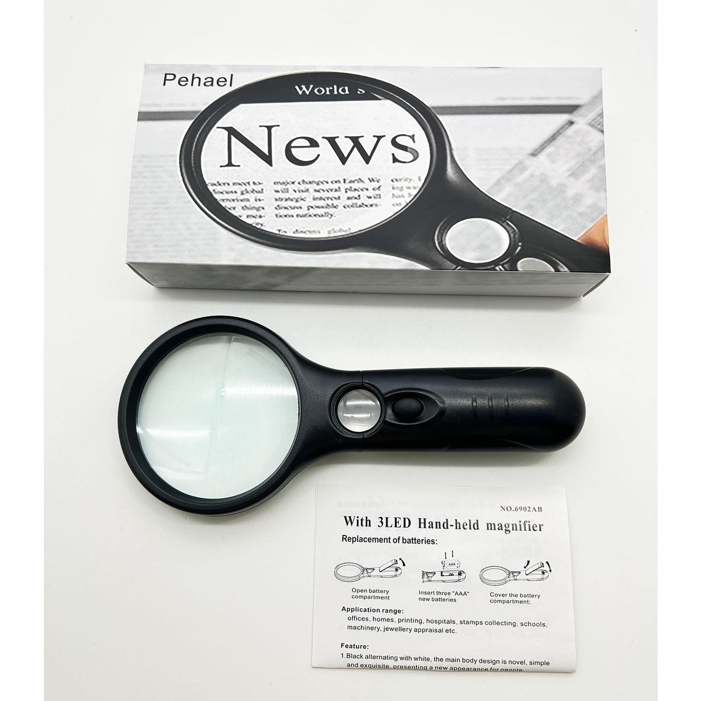PEHAEL Magnifying Glass Hand-held Magnifier Glass with 3LED Light 3x 45x for Reading,Medicine,Coin,Stamp,Home and Office【Black】