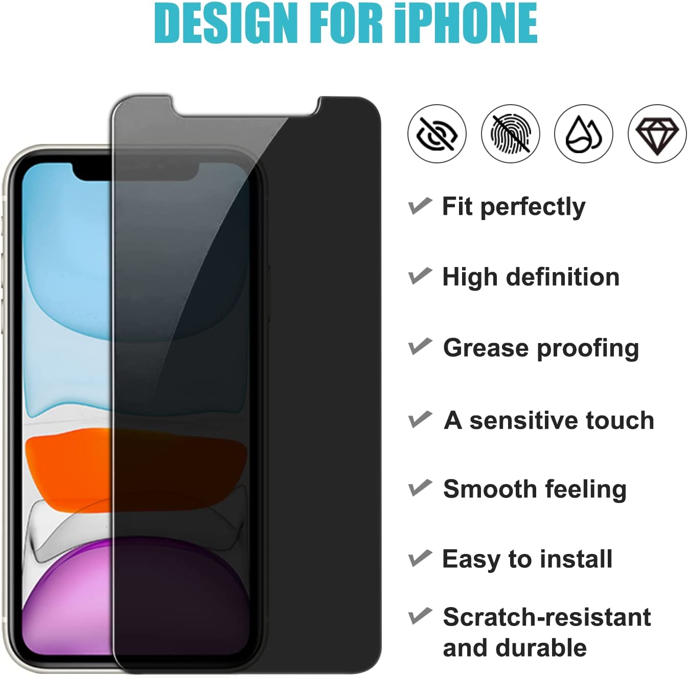 Pehael Privacy Screen Protector for iPhone 11 iPhone Xr, 9H Hardness Anty- Spy Tempered Glass, 3D Touch, Easy Install[6.1 inch](3 Pack)