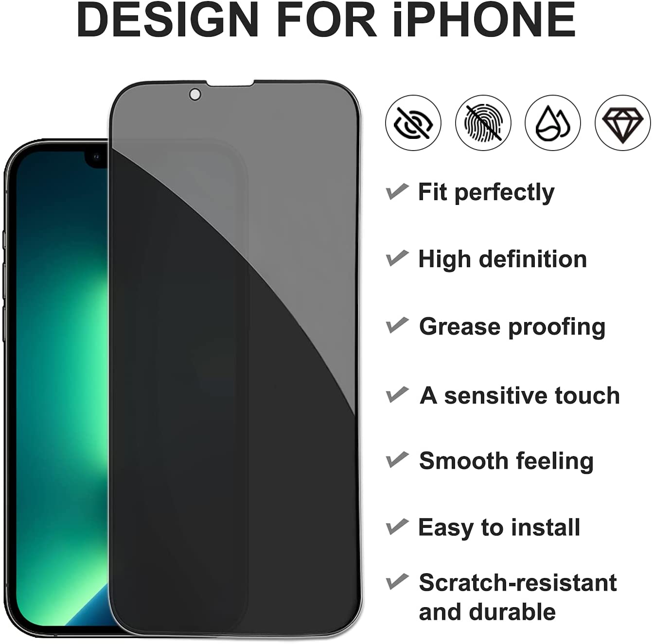 Pehael [2+2 Pack] iPhone 13 Pro Privacy Screen Protector with Camera Lens Protector Full Coverage Anti-Spy Tempered Glass Film 9H Hardness Upgrade Edge Protection Easy Installation Bubble Free